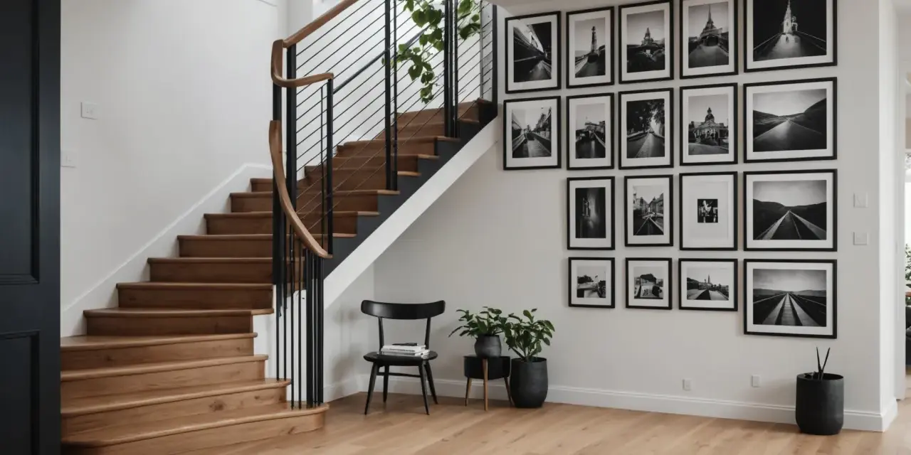 Galeria czarno-białych zdjęć architektonicznych i krajobrazowych zdobi ścianę przy drewnianych schodach.