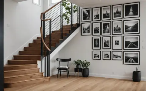 Galeria czarno-białych zdjęć architektonicznych i krajobrazowych zdobi ścianę przy drewnianych schodach.