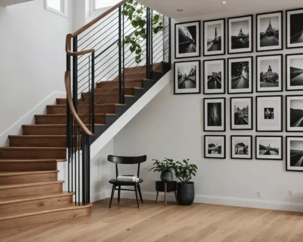 Galeria czarno-białych zdjęć architektonicznych i krajobrazowych zdobi ścianę przy drewnianych schodach.