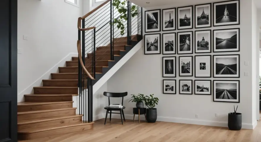 Galeria czarno-białych zdjęć architektonicznych i krajobrazowych zdobi ścianę przy drewnianych schodach.